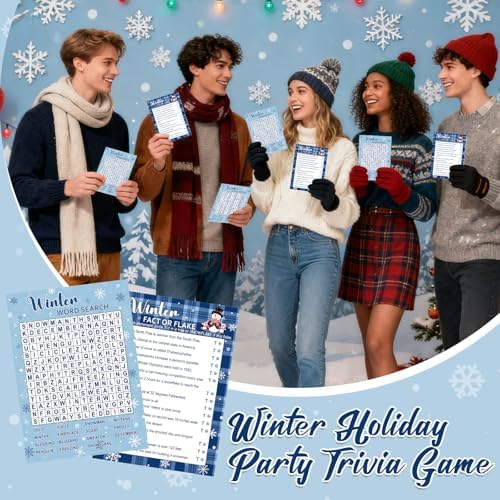 COCHIE 30 Players Winter Holiday Christmas Party Games for Adults Family Office Large Groups, Word Search Game, Riddle Game, Fact or Flake Games with Answer Key (Winter Search)