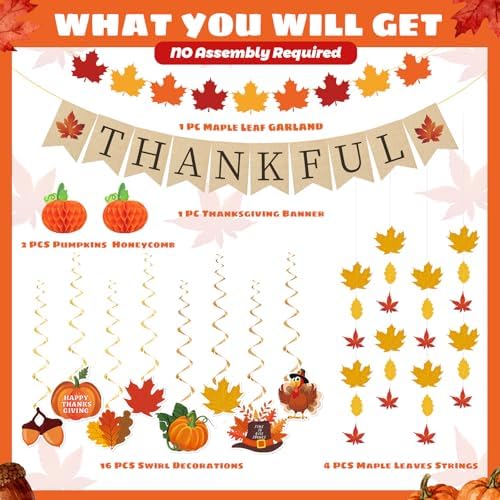 40Pcs Thanksgiving Decorations, Pre-Assembled Thanksgiving Banner & Garland, Hanging Swirls Decorations for Home Office Classroom Indoor Decor
