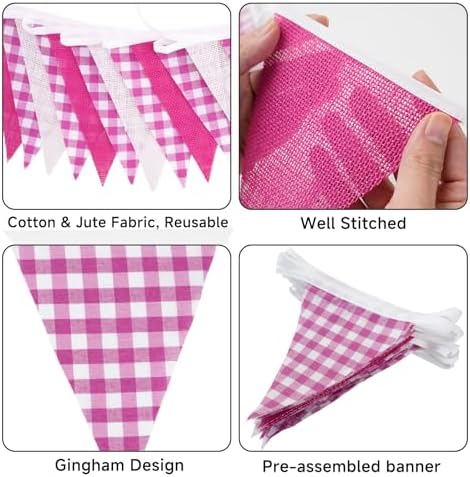 G2PLUS Pink and White Gingham Fabric Bunting Banner, 32Ft Cotton Burlap Triangle Garland for Mother’s Day, Wedding, Birthday, Carnival, Picnic, BBQ & Outdoor Events