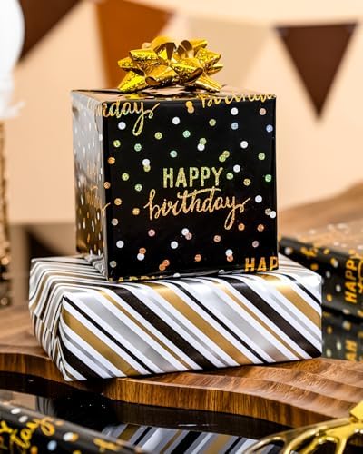MAYPLUSS Birthday Wrapping Paper Roll, Black Metallic Holographic Happy Birthday Wrapping Paper Featuring Revesible Stripe Gift Wrap Paper for Boys Kids Girls Men, 17 Inches x 33 Feet