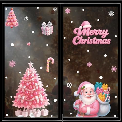 Christmas Window Clings Stickers for Glass Snowman Santa Deer Christmas Tree Stickers Pink Double-Sided Static Decals for Winter Window Art Decoration