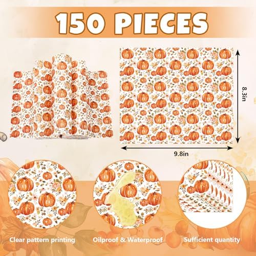 JarThenaAMCS 150 Pcs Fall Floral Pumpkin Wax Paper Orange Sandwich Wrap Paper Tissue Waterproof Oil-Proof Picnic Liners for Autumn Thanksgiving Party Kitchen Supplies, 9.8 x 8.3 In