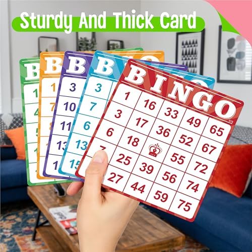 100-Pack Number Bingo Game Cards, Disposable Reusable Multi-Color Paper Sheets for Kids, Numbers 1-75 Bingo Board Game for Parties, School, Classroom, Family Gathering Activity, Travel, Road Trip