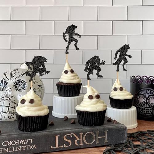 Ercadio 24PCS Werewolf Cupcake Toppers - Black Glitter Halloween Party Decorations for Wolf Birthday Cake Supplies