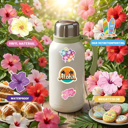 150PCS Hibiscus Flower Stickers Tropical Hawaiian Flower Vinyl Decals, Waterproof for Water Bottles Laptop Scrapbook, Luau Stickers for Kids