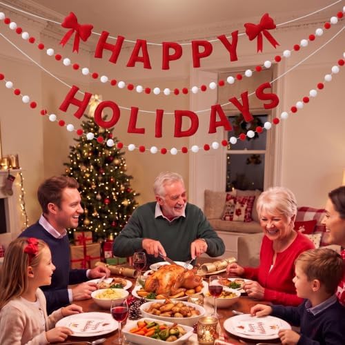 Mindsoft 4 Pcs Felt Happy Holidays Banner Christmas Pom Pom Garland Mantel