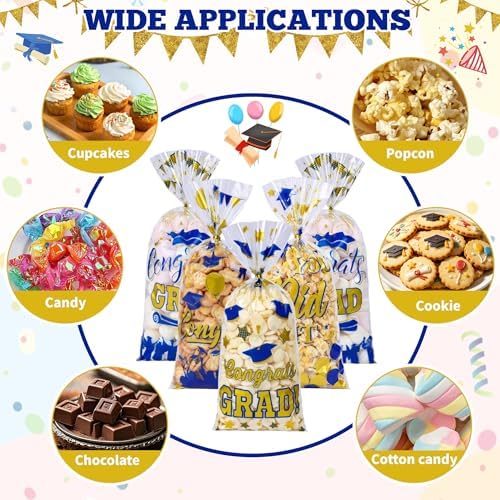 QOIUSO 100 PCS Graduation Cellophane Treat Bags - Congrats Graduates Candy Plastic Clear Goodies Wrapping Bags with 110 PCS Twist Ties for Graduation Day Grad Party Supplies