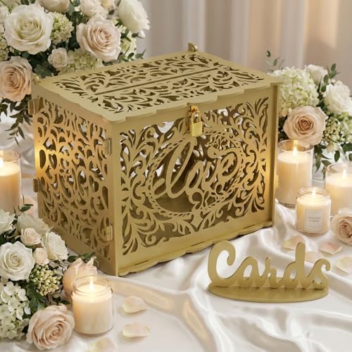 Jolik DIY Wedding Card Box, Large Rustic Locking Money Box Holder for Wedding Reception, Gift Card & Envelope Storage, Anniversary & Birthday Party Decoration (Gold)