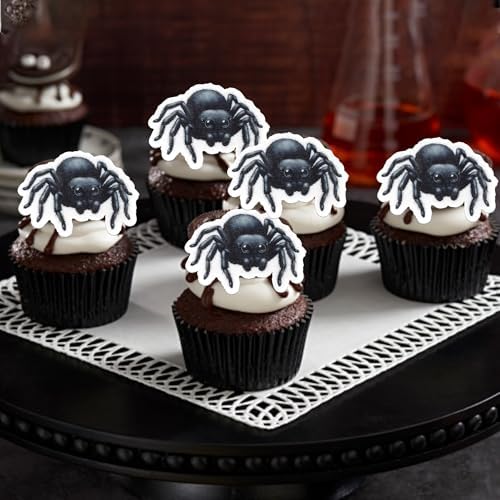 60 PCS Edible Halloween Spider Cupcake Toppers Wafer Paper Black Horror Spider Cupcake Picks Edible Halloween Party Decorations for Baby Shower Birthday Party Cake Food Decorations Supplies
