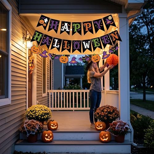 17 Pcs Halloween Party Decorations Indoor, Purple Orange Black Happy Halloween Banner Tissue Pom Poms Hanging Swirls, Spooky Cute Room Ceiling Wall Decor Supplies