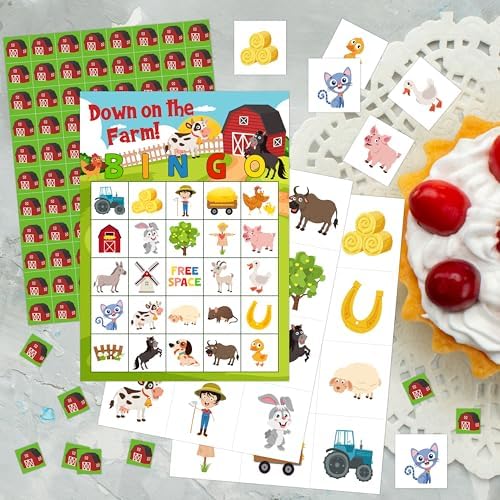 Farm Bingo Game, Farm Animals Bingo Cards Set, Birthday Party Bingo Supplies for Adults, Family Friends Activities Favors Decorations for 24 Player, 01