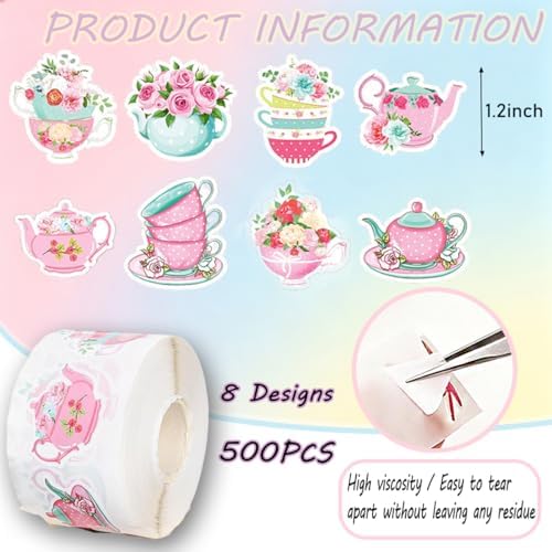 500Pcs Tea Gathering Stickers Roll 8 Designs Pink-Themed Flowers Stickers 1in Self-Adhesive Waterproof Sticker for Birthday Party Envelopes Scrapbook Decorations