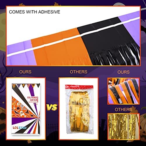 LOLStar Halloween Orange Purple Black Foil Fringe Curtains 3 Pack