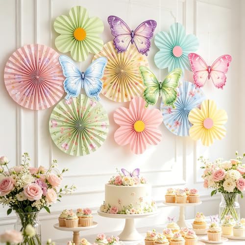 Pastel Paper Flower Butterfly Decoration Pastel Classroom Ceiling Decor Paper Fans Butterfly Party Decorations for Wall Office Classroom Women Birthday Baby Shower Back to School Decor