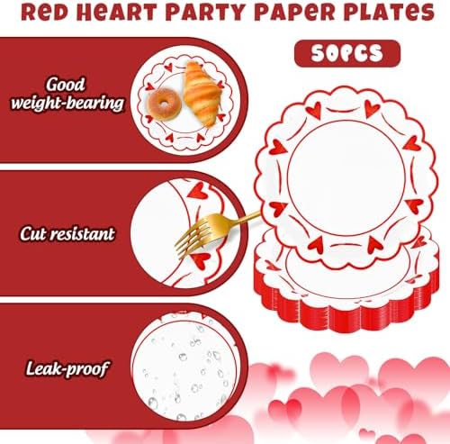 JarThenaAMCS 50 Pcs Valentine's Day Heart Paper Plates Scalloped Disposable Plate Red Decorative Tableware Gift for Home Wedding Anniversary Birthday Party Kitchen Decor, 9 In