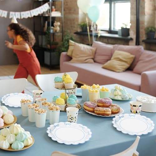 JarThenaAMCS 50Pcs Blue Bow Paper Plate Scalloped Bowknot Baby Shower Disposable Plate 9 Inch Decorative Dinner Plates for Birthday Party Table Decor