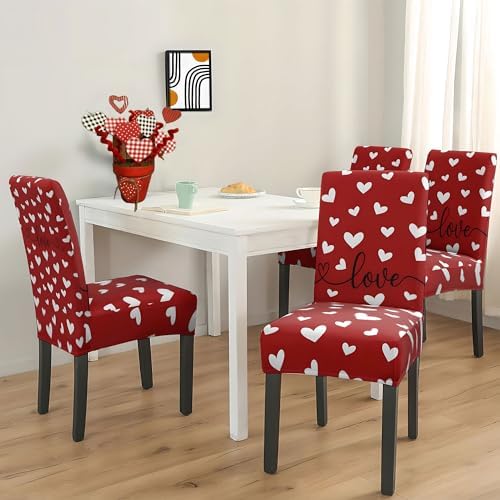 Valentines Day Chair Covers Set of 4, Valentines Decorations Stretch Removable Washable Dining Room Love Hearts Gnome Chair Protector Slipcovers Party Kitchen Home Valentine Decor (Valentine 1, 4 PCS)