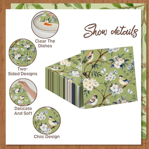 Vintage Floral Birds Paper Napkins - 50Pcs, 2Ply, 6.5 x 6.5 Inches