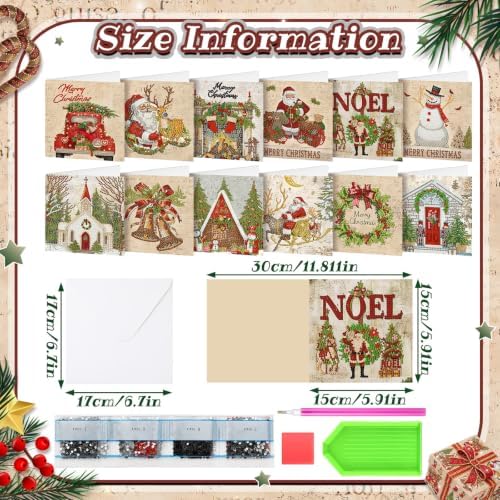 Saillong 12 Pack Vintage Christmas Diamond Painting Greeting Card Kits DIY Red Retro Christmas Diamond Art Cards with Envelopes Xmas 5D Rhinestones Painting kit for Adults DIY Craft Family Xmas Gifts