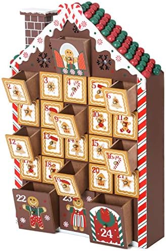 BRUBAKER Reusable Wooden Advent Calendar to Fill - Gingerbread House with LED Lighting - DIY Christmas Calendar 10.31 x 17.72 x 2.17 inches