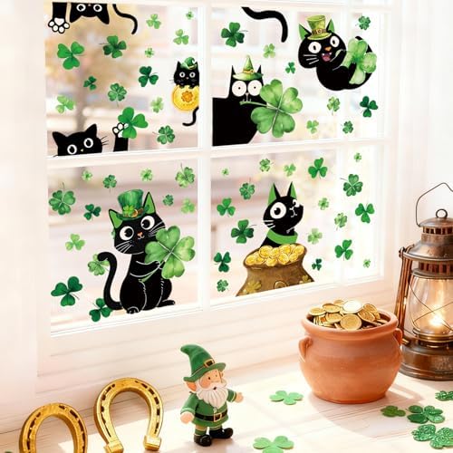 Whaline 6 Sheets St. Patrick' s Day Window Clings Black Cat Green Shamrock Clover Window Decal Reusable Anti-Collision Windows Decor for Irish Holiday Party Supplies