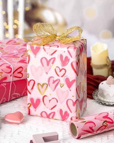 MAYPLUSS Pink Wrapping Paper, Heart Gift Wrap Paper Roll Reversible Love for Girl Women Anniversaries, Wedding Shower, Engagement, Romantic Celebration, Mothers Day, 17IN x 33FT