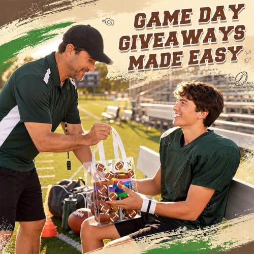 Pajean 24 Pcs Football Plastic Gift Bags with Handles, 5.9 x 8.7 x 3.1 Inch Rugby PE Treat Bags, Brown Football Theme Goodie Pouches for Classroom Exchange, Sport Game Day Party Supplies Decoration