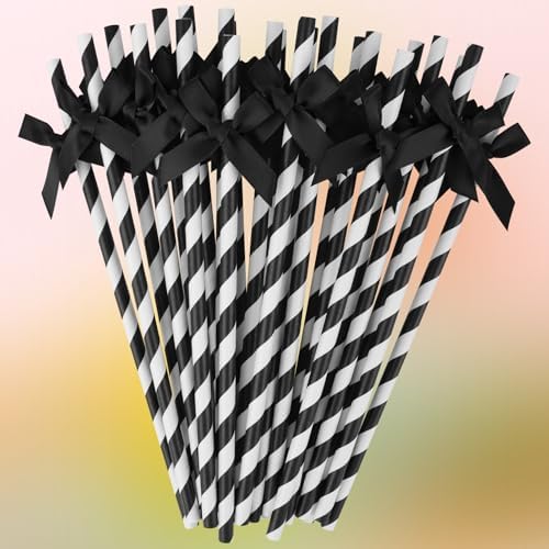24 Packs Black Bow Biodegradable Striped Paper Straws, Black and White Disposable Drinking Straws for Birthday Carnival Summer Pool Party Wedding Baby Shower Halloween Party Decoration Supplies