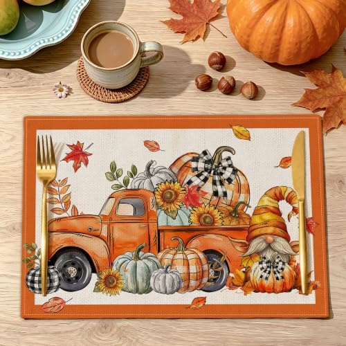 Fall Placemats Set of 4, 12x18 inch - Orange Truck Thanksgiving Table Decor
