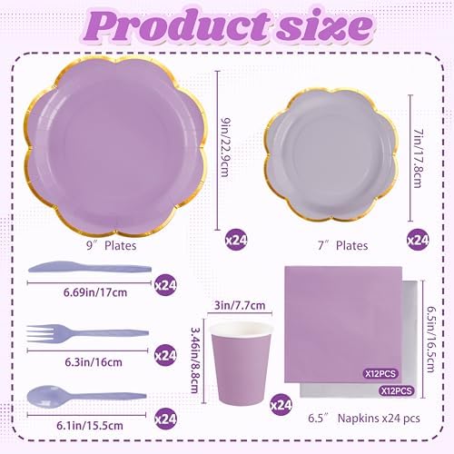 168Pcs Purple Paper Plates and Napkins Party Supplies for 24 Guests