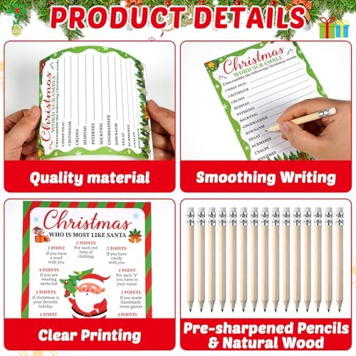 gisgfim 231Pcs Christmas Party Games Cards Xmas Tree Santa Claus Trivia Word Search Scramble Maze Games Winter Christmas Party Supplies for School Classroom Family Activity Holiday Favor