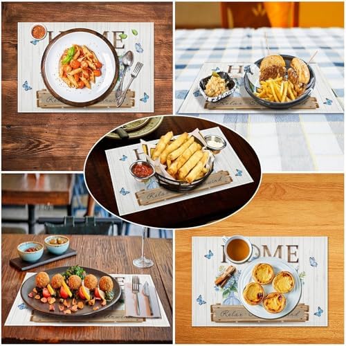 Blue Floral Placemats Set of 6, 12x18 Inch Spring Flower Hydrangea Butterfly Rustic Sweet Home Wooden Plank Seasonal Farmhouse Holiday Cafe Table Mats for Party Kitchen Dining Decoration