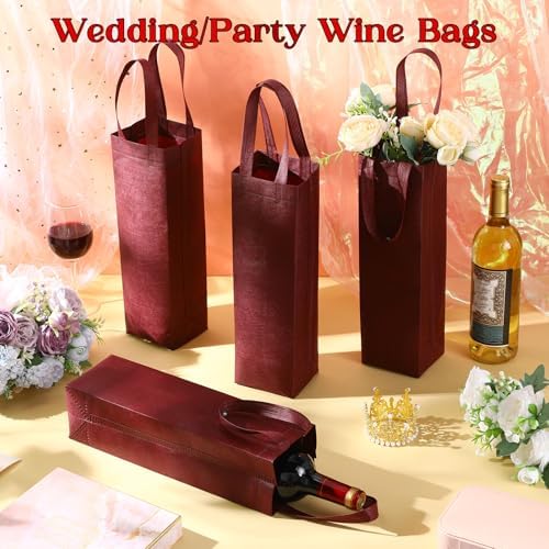 Windyun 200 Pcs Wine Gift Bags with Handle Reusable Small 13.8x3.5x3.9 Inches Liquor Bottle Totes Bulk for Birthday Wedding Christmas Holiday Party (Wine Red)