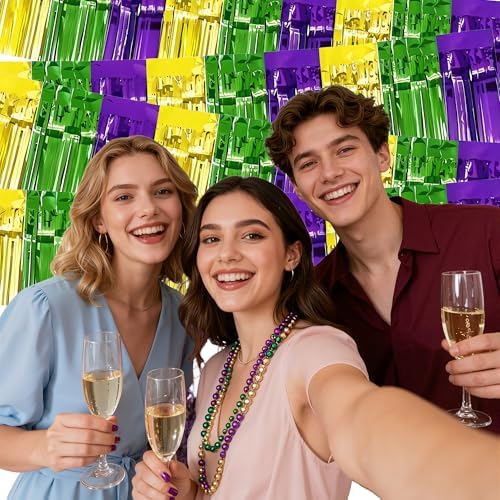 OHOME Mardi Gras Decorations - 2 Pack Gold Green Purple Streamers | Mardi Gras Party Favors Supplies Decor Indoor Outdoor - Masquerade Birthday Party Float Garlands Photo Booth Banner Backdrop,10 FT