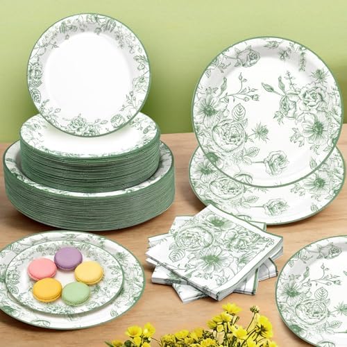Sage Green Floral Plates and Napkins Party Supplies,Serve 60 Guests