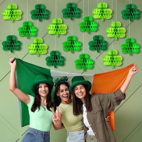 Gueevin 30 Pcs St Patricks Day Hanging Decorations St. Patrick's Day Honeycomb Balls Shamrock Honeycomb Paper Irish Ceiling Decor for Table Centerpiece Birthday Home Spring