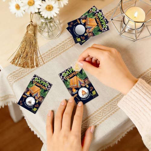TOUNER 50Pcs Happy Campers Silver Scratch Off Game, Reveal Campfire & Fire Remain Design, Camping Adventure Themed Raffle Tickets, Camping Birthday Party Game Scratch Card for Men Women Outdoor Lover
