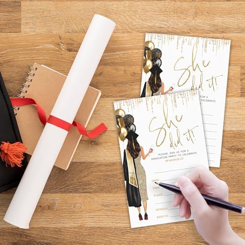 She Did It Graduation Party Invitations -Gloden Balloons & Grad Girl -20 Double-sided Fill In Invite Cards With Envelopes For College , High School , University Grad -Party Decorations & Supplies -D01