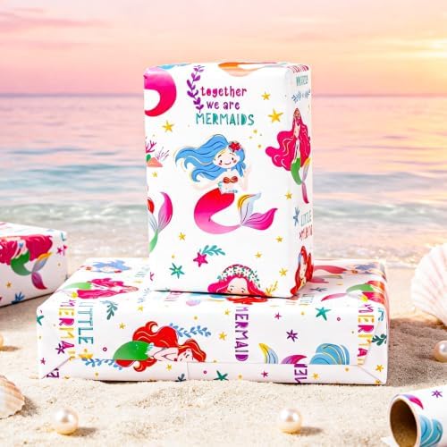 MAYPLUSS Girl Gift Wrapping Paper, 17in x 16.5ft Mermaid Gift Wrap