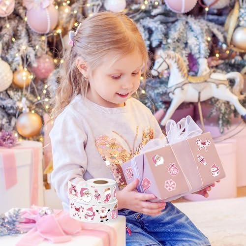 1000Pcs Pink Christmas Stickers Rolls Xmas Tree Santa Claus Nutcracker Snowman Self-Adhesive Decals Winter Wonderland Festive Holiday Party Favors DIY Crafts Gift Bottles Scrapbook Decor, 16 Designs