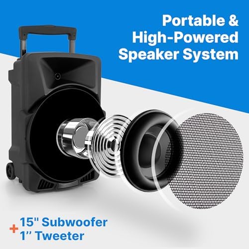 Wireless Portable PA Speaker System -1200W High Powered Bluetooth Compatible Indoor and Outdoor DJ Sound Stereo Loudspeaker w/USB SD MP3 AUX 3.5mm Input, Flashing Party Light & FM Radio -PPHP1544B
