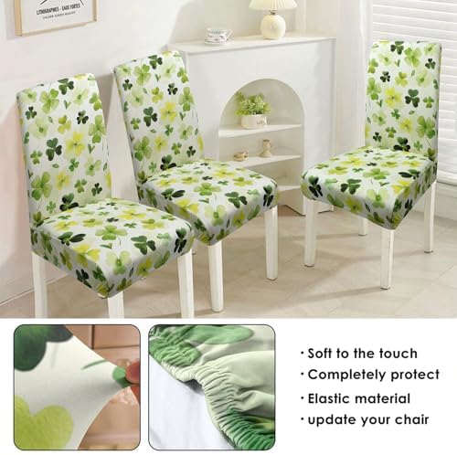 St Patricks Day Chair Covers Set of 6, Green Four Leaf Clover Dining Chair Covers, Elastic Removable Washable Dining Chair Covers for St. Patricks Day Kitchen Dining Room Holiday Party Decor