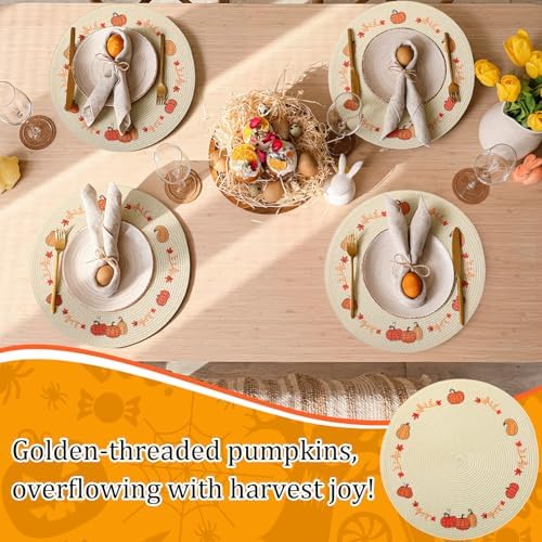 Remerry Thanksgiving Pumpkin Placemats Set of 6, 13" Leaves Pumpkins Fall Table Mats Round Weaving Embroidered Heat-Resistant for Thanksgiving Halloween Party Kitchen Dining Restaurant Decoration