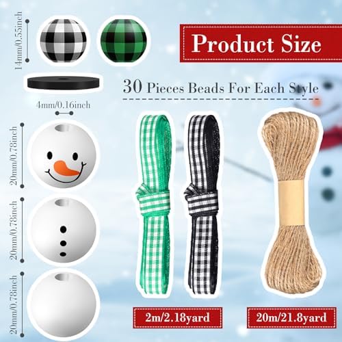 Landical 180 Piece Summer Christmas in July DIY Christmas Snowman Wooden Bead Crafts DIY Ornaments Buffalo Plaid Wood Round Bead Xmas Print Wooden Beads with Twine Scarf for Crafts(Fresh Colors)