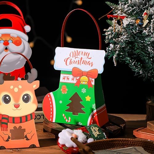 CcXxMming 30 PCS Christmas Party Favor Bags for Kids,Christmas Gift Bags with Handles, Paper Candy Boxes with Window,Xmas Goodie Boxes with Stickers for Children Winter Birthday（Medium）