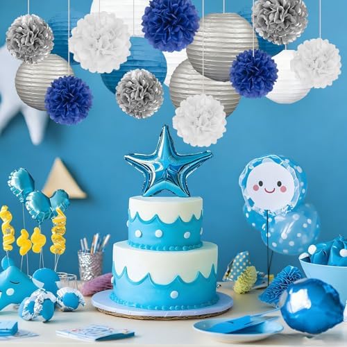 18 PCS Blue White Silver Paper Lanterns & Tissue Paper Pom Poms for Men's Birthday, Graduation 2026, Wedding, Hanging Paper Decor for Indoor Outdoor Events Theme Party Supplies