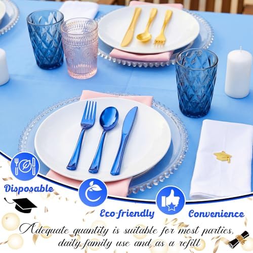 Minatee 180 Pcs Blue and Gold Plastic Silverware Heavy Duty Cutlery Sets Disposable Utensils for Holiday Birthday Themed Party Supplies, 60 of Each Forks Knives Spoons