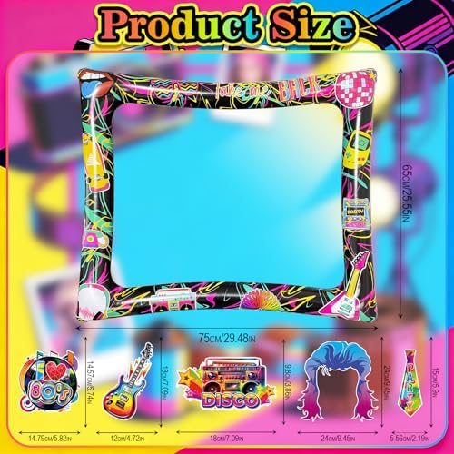 80s Inflatable Photo Frame & Props, 30Pcs Back to The 80s Photo Booth Props with Inflatable Selfie Picture Frame for 1980s Throwback Birthday Party Supplies