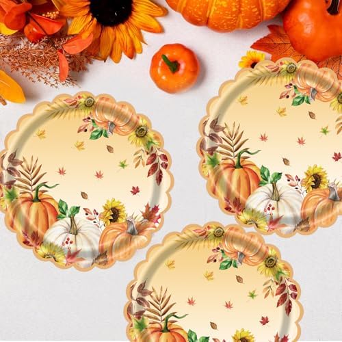 7 Inch Fall Paper Plates Disposable 40 Count Thanksgiving Pumpkin Party Plates, Heavy Duty Scalloped Dessert Plates for Autumn Party Supplies & Holiday Dinner Decorations