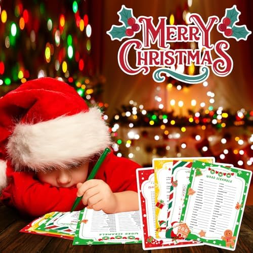 LOAVER 54 Pcs Christmas Trivia Party Game Cards,Christmas Code Break Trivia Scramble Game Cards Set Guessing Activity for Xmas Vacation Party Game Supplies Coworkers Holiday Activity